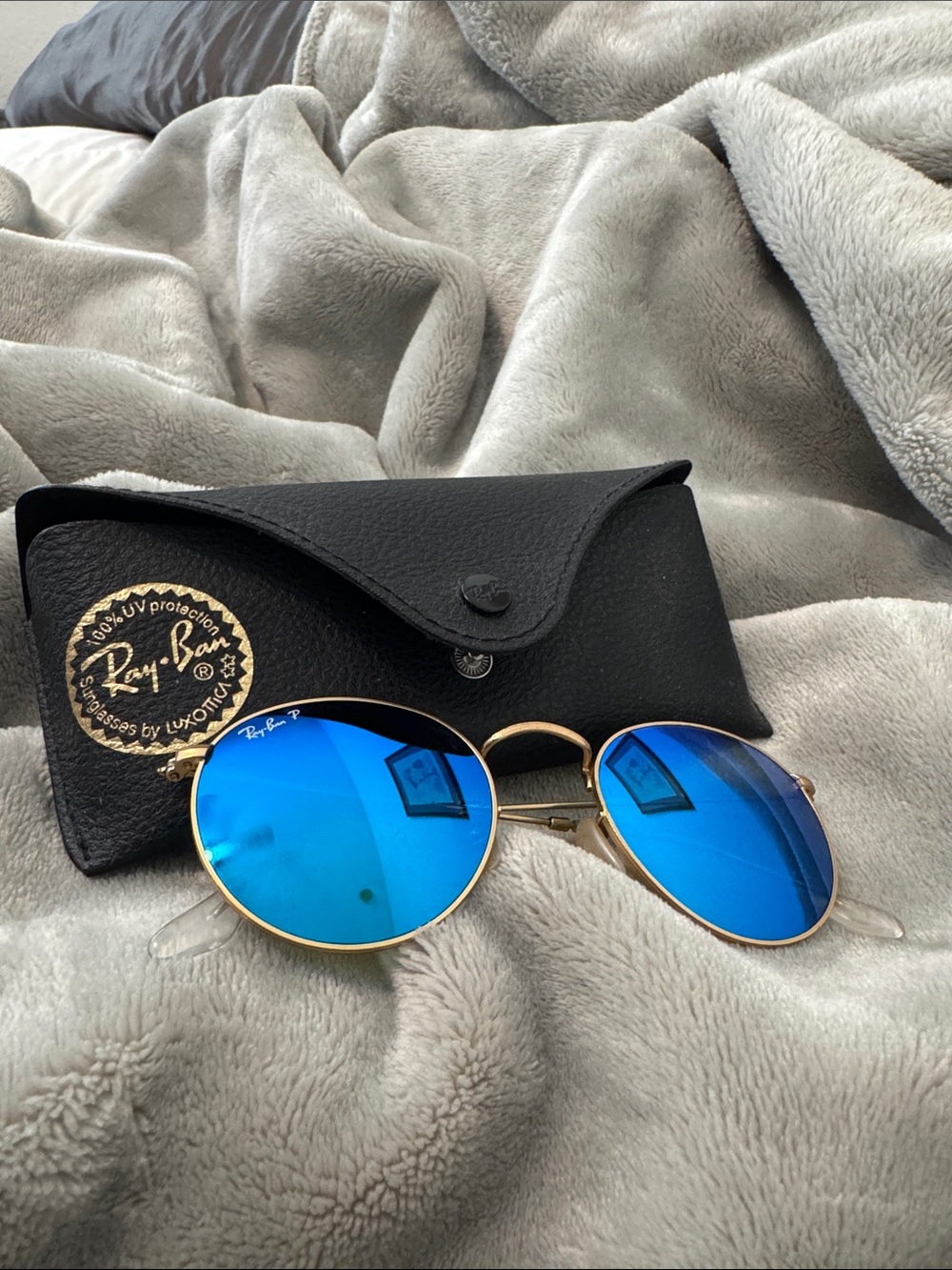 Ray-Ban Gold Frame Sunglasses with Blue Mirrored Lenses